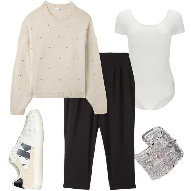 Outfit donna - Curvy and easy. Stile Bon Ton per Tutti i giorni. Abbinamento con pantaloni chino, maglieria, body, braccialetti, sneakers.