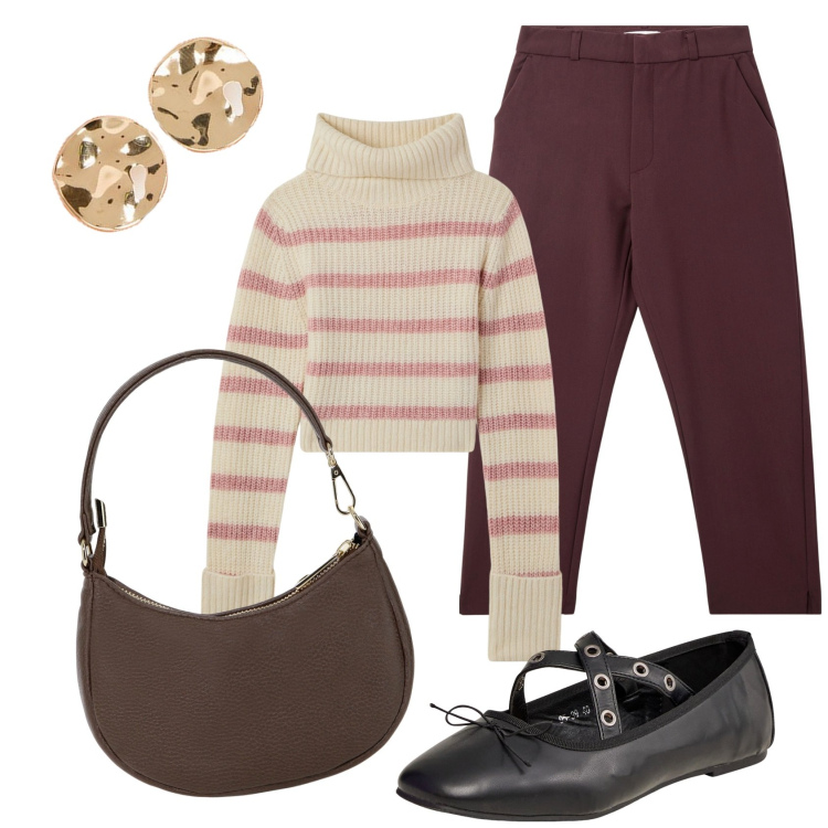 Outfit donna - Soft warm. Stile Casual chic per Tutti i giorni. Abbinamento con ballerine, maglieria, pantaloni chino, borse a spalla, orecchini.
