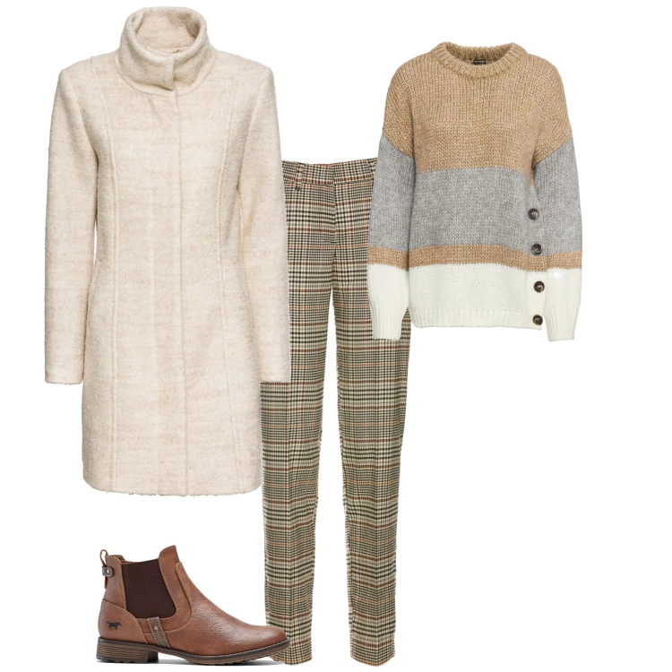 Outfit donna - Total look #2002568. Stile Trendy per Ufficio. Abbinamento con pantaloni, maglieria, cappotti, stivaletti chelsea.
