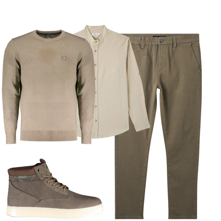 Outfit uomo - Total look #2002582. Stile Urban per Tutti i giorni. Abbinamento con camicie, pantaloni chino, stivali, maglieria.