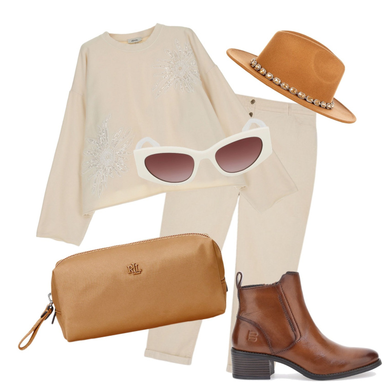 Outfit donna - Shopping in città. Stile Casual chic per Tutti i giorni. Abbinamento con felpe, cappelli, pochette, stivaletti, occhiali da sole, pantaloni.