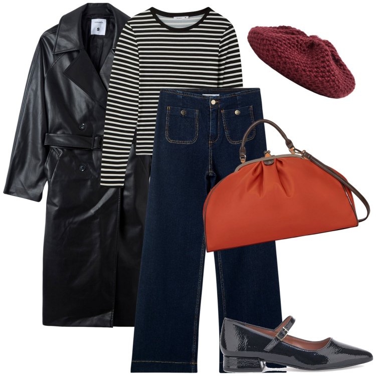 Outfit donna - Allure parisienne. Stile Glamour per Tutti i giorni. Abbinamento con maglieria, jeans, trench, cappelli e berretti, ballerine, borse a spalla.
