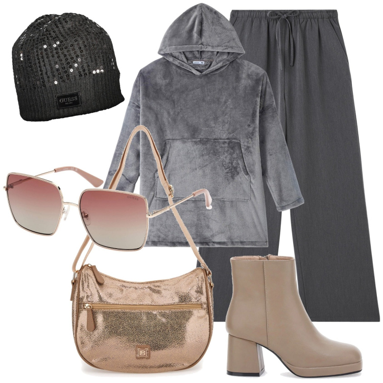 Outfit donna - Sporty con le pailettes. Stile Sporty chic per Tutti i giorni. Abbinamento con felpe con cappuccio, pantaloni, stivaletti, borse a tracolla, occhiali da sole, berretti.