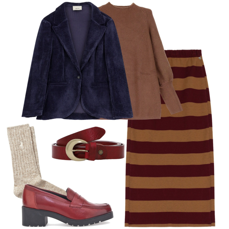 Outfit donna - Accenni british. Stile Glamour per Tutti i giorni. Abbinamento con gonne longuette, maglieria, blazer, cinture, calzini, mocassini.