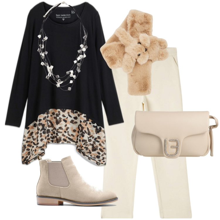 Outfit donna - Total look #2002607. Stile Casual per Tutti i giorni. Abbinamento con maglieria, stivaletti chelsea, borse a mano, pantaloni chino, sciarpe, collane.
