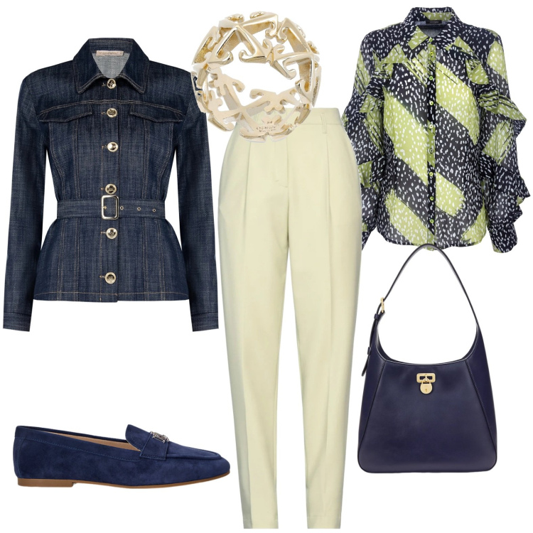 Outfit donna - Total look #2002611. Stile Casual per Tutti i giorni. Abbinamento con pantaloni, blazer, camicie, mocassini, borse a spalla, anelli.