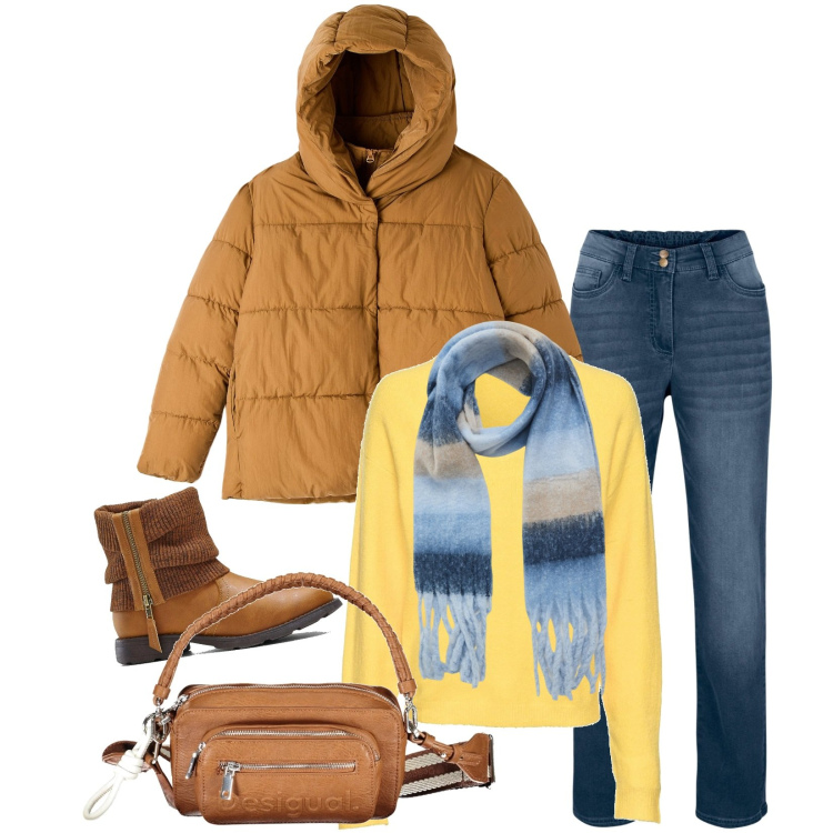 Outfit donna - C come casual. Stile Casual per Tutti i giorni. Abbinamento con maglieria, stivaletti, jeans dritti, piumini, sciarpe, borse a spalla.