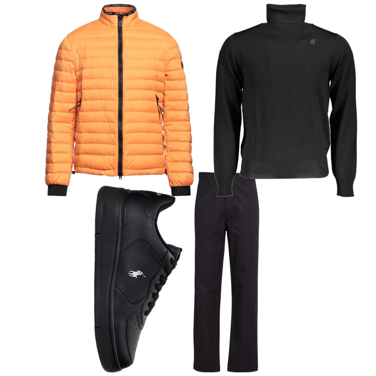 Outfit uomo - Un tocco di colore. Stile Casual per Tutti i giorni. Abbinamento con pantaloni chino, piumini, sneakers, maglieria.