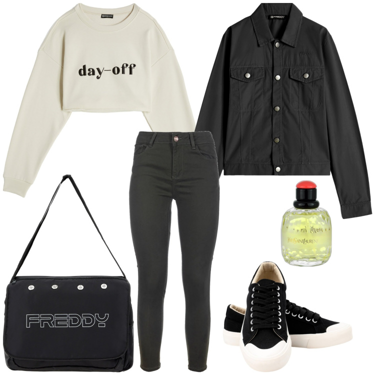 Outfit donna - 90\'s. Stile Basic per Tutti i giorni. Abbinamento con profumi, jeans skinny, borse messenger, blazer, felpe, sneakers.
