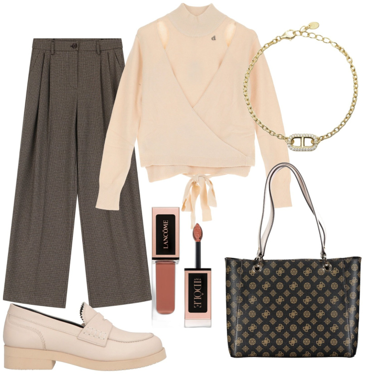 Outfit donna - Buona giornata. Stile Casual chic per Tutti i giorni. Abbinamento con mocassini, ombretti, braccialetti, pantaloni, maglieria, borse a spalla.