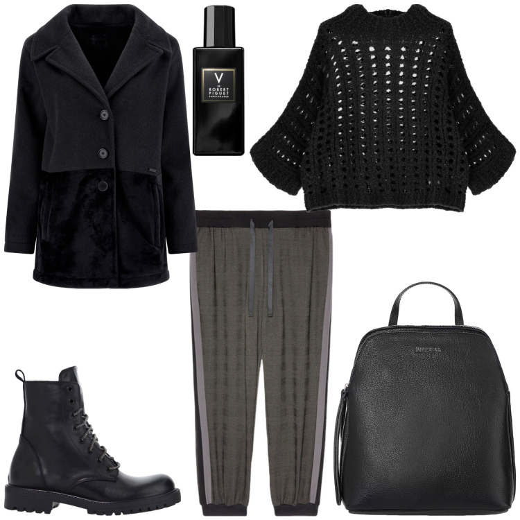 Outfit donna - Un cappotto per novembre. Stile Trendy per Tutti i giorni. Abbinamento con profumi, zaini, stivaletti, cappotti, pullovers, pantaloni.
