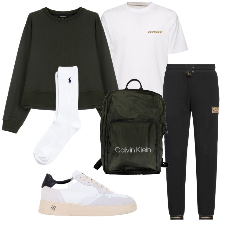 Outfit uomo - Total look #2002675. Stile Casual per Sport. Abbinamento con pantaloni, sneakers, felpe, calzini, borse sportive, t-shirt.