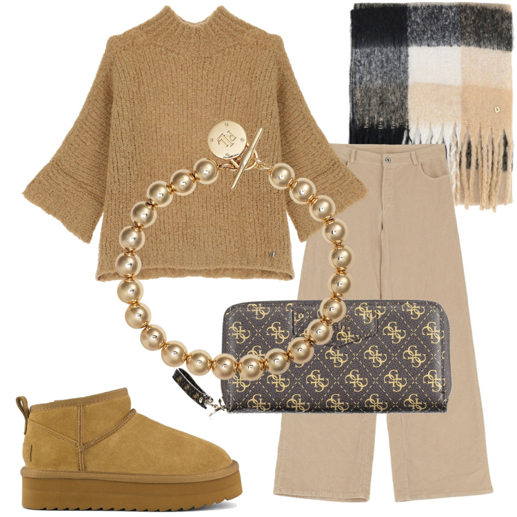 Outfit donna - Pantaloni palazzo. Stile Casual chic per Tutti i giorni. Abbinamento con pantaloni, maglieria, stole, braccialetti, stivaletti, portafogli.