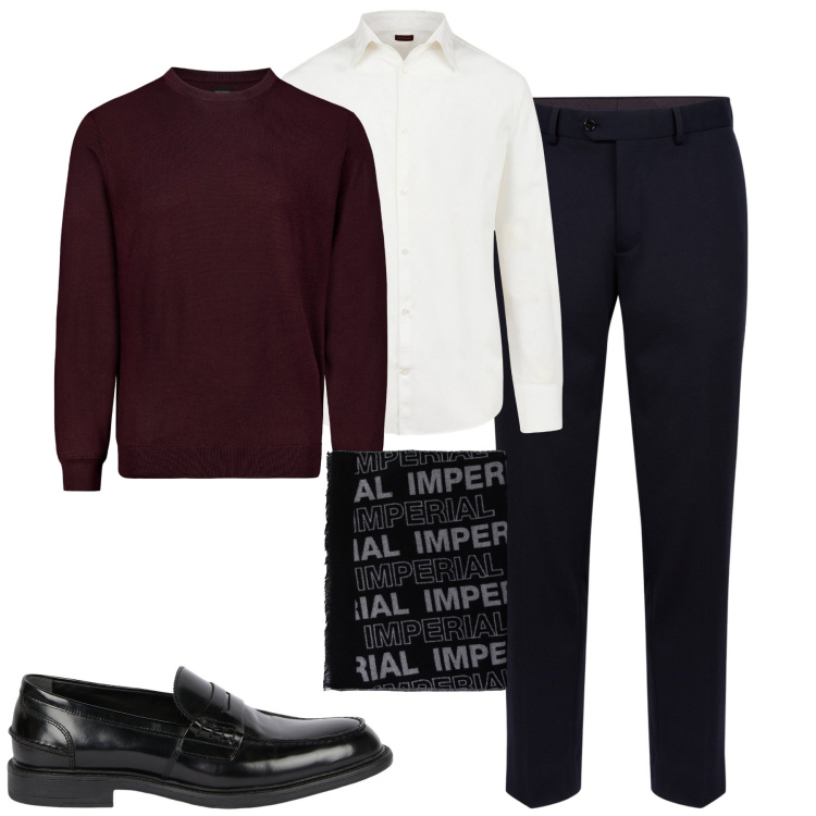 Outfit uomo - City. Stile Business/Elegante per Tutti i giorni. Abbinamento con sciarpe, maglieria, pantaloni, camicie, scarpe stringate.