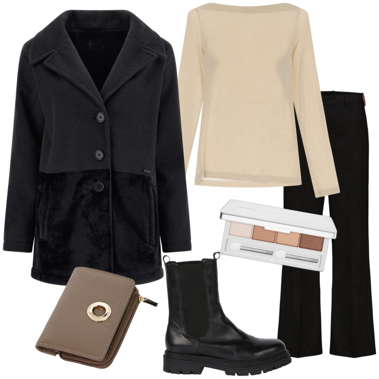 Outfit donna - Arriva il Cappotto. Stile Trendy per Tutti i giorni. Abbinamento con ombretti, portafogli, cappotti, t-shirt, stivaletti chelsea, pantaloni.