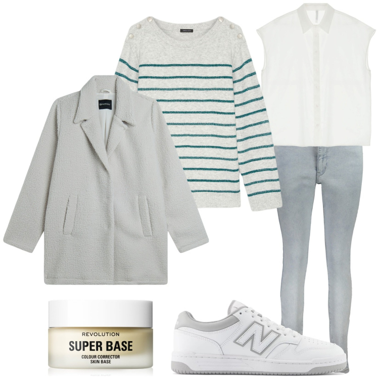 Outfit donna - Sotto, sopra e sopra. Stile Casual per Tutti i giorni. Abbinamento con primer, sneakers, camicie a manica corta, cappotti, jeans skinny, maglieria.