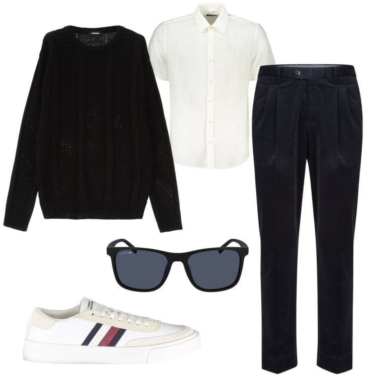 Outfit uomo - I pantaloni di velluto. Stile Trendy per Tutti i giorni. Abbinamento con pullovers, pantaloni, occhiali da sole, sneakers, camicie a manica corta.