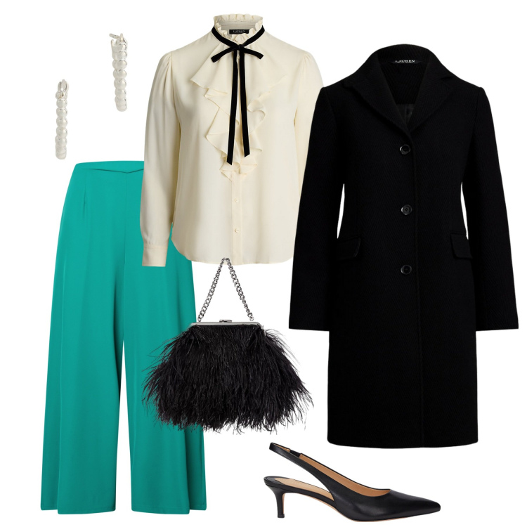 Outfit donna - Stile Sciccoso!. Stile Chic per Serata fuori. Abbinamento con pantaloni a palazzo, orecchini, cappotti, décolleté, clutch, camicie.