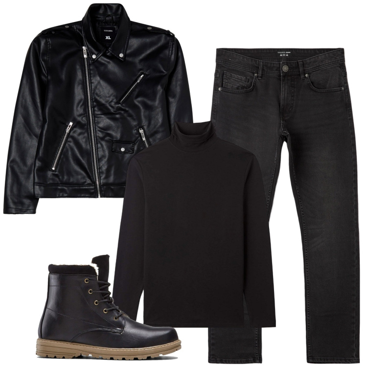 Outfit uomo - City. Stile Biker Rock per Tutti i giorni. Abbinamento con stivali e stivaletti, t-shirt, jeans dritti, giacche.