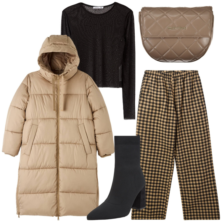 Outfit donna - Quadretti vintage. Stile Bon Ton per Tutti i giorni. Abbinamento con pantaloni, piumini, t-shirt, stivaletti, borse a tracolla.