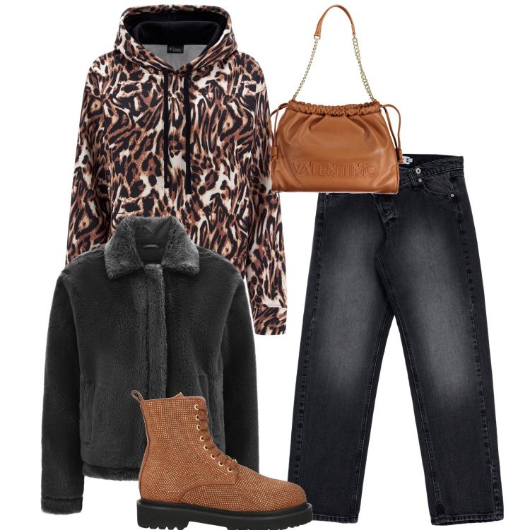 Outfit donna - La felpa maculata. Stile Urban per Tutti i giorni. Abbinamento con stivaletti, jeans, cappotti, felpe con cappuccio, borse a spalla.