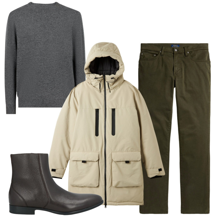 Outfit uomo - Se piove. Stile Urban per Tutti i giorni. Abbinamento con stivali e stivaletti, parka, pantaloni, maglieria.