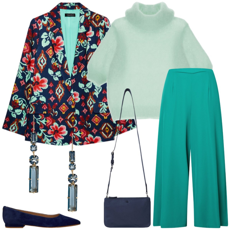 Outfit donna - Total look #2002763. Stile Chic per Tutti i giorni. Abbinamento con maglieria, pantaloni a palazzo, borse a tracolla, orecchini, ballerine, blazer.