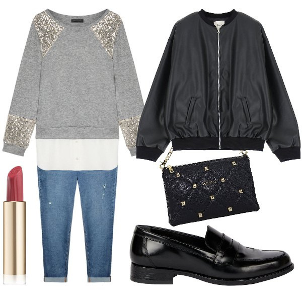 Outfit donna - Inverno non ti temo. Stile Glamour per Tutti i giorni. Abbinamento con rossetti, borse a spalla, bomber, felpe, jeans strappati, mocassini.