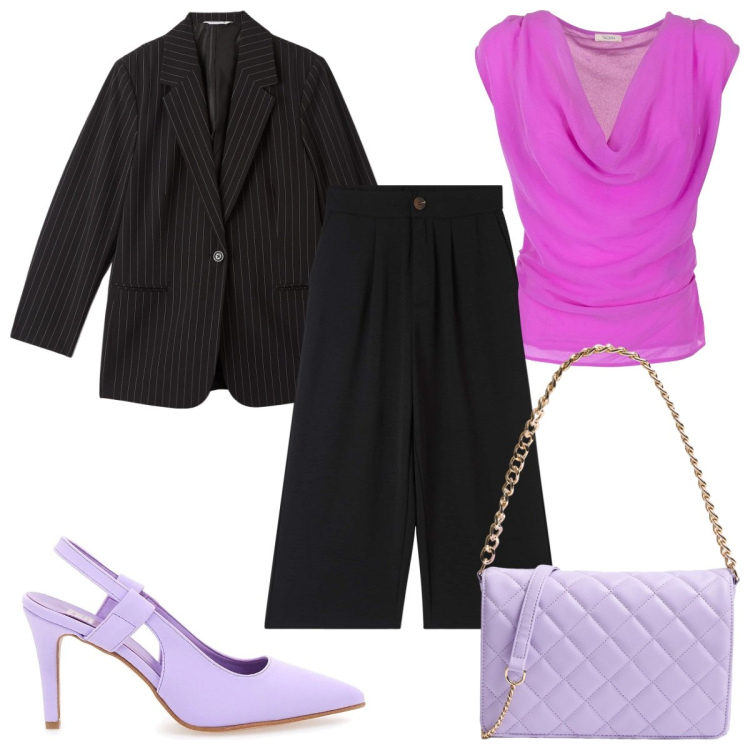 Outfit donna - Pantaloni a palazzo : stasera con il top. Stile Trendy per Serata fuori. Abbinamento con pantaloni a palazzo, blazer, borse a tracolla, top, décolleté.