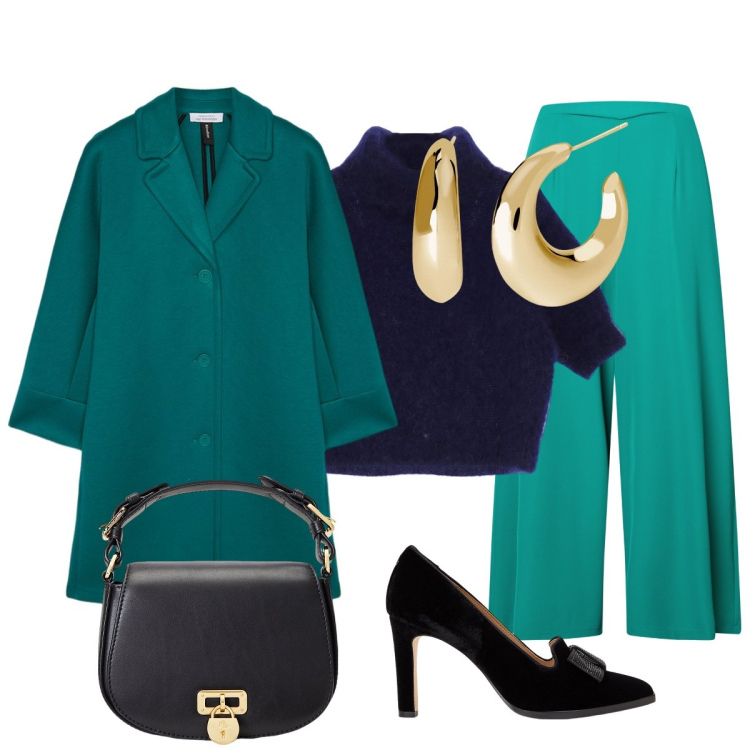 Outfit donna - Contrasti: nero e turchese. Stile Chic per Serata fuori. Abbinamento con orecchini, pantaloni a palazzo, maglieria, borse a tracolla, décolleté, cappotti.