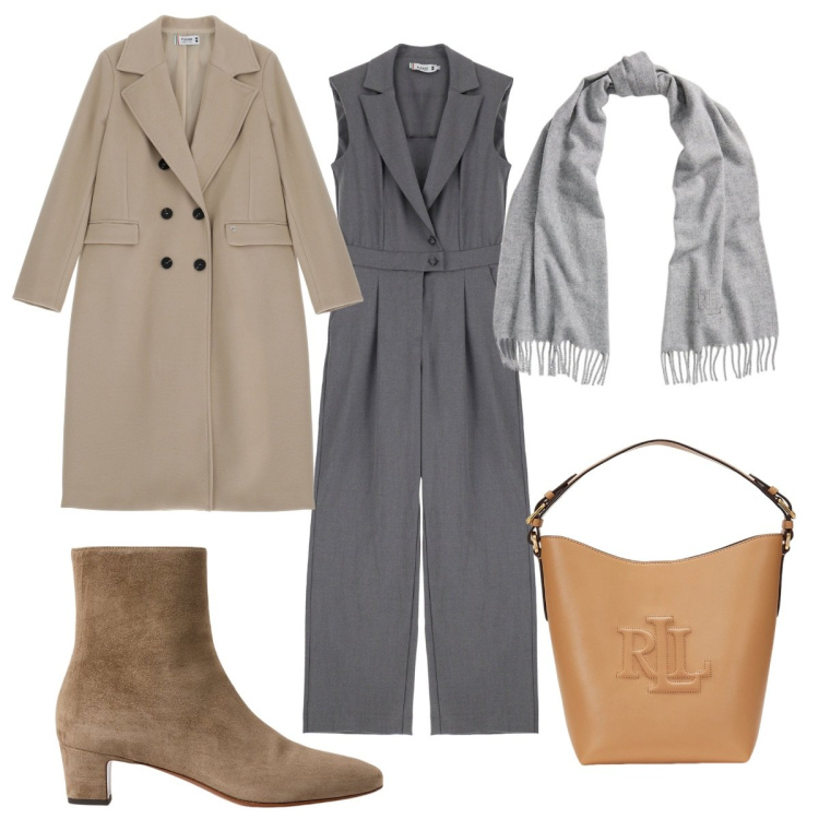 Outfit donna - Toni neutri- tuta trendy. Stile Trendy per Tutti i giorni. Abbinamento con tute, cappotti, sciarpe, stivaletti, borse a secchiello.