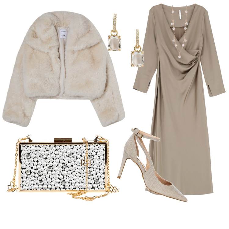 Outfit donna - Cerimonia in beige. Stile Chic per Cerimonia. Abbinamento con blazer, collane, décolleté, pochette, vestiti, orecchini.