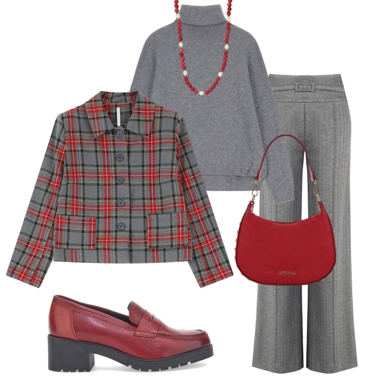 Outfit donna - Pantaloni palazzo. Stile Casual chic per Ufficio. Abbinamento con collane, pantaloni a palazzo, borse a spalla, maglieria, blazer, mocassini.
