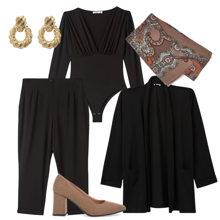 Outfit donna - Tutto il giorno in nero e taupè!. Stile Chic per Tutti i giorni. Abbinamento con pantaloni chino, body, blazer, orecchini, foulard, décolleté.