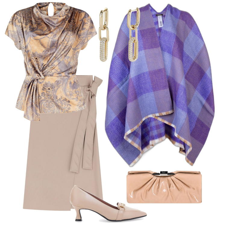 Outfit donna - Toni neutri e raffinati. Stile Chic per Tutti i giorni. Abbinamento con orecchini, bluse, pochette, cappe, gonne, décolleté.