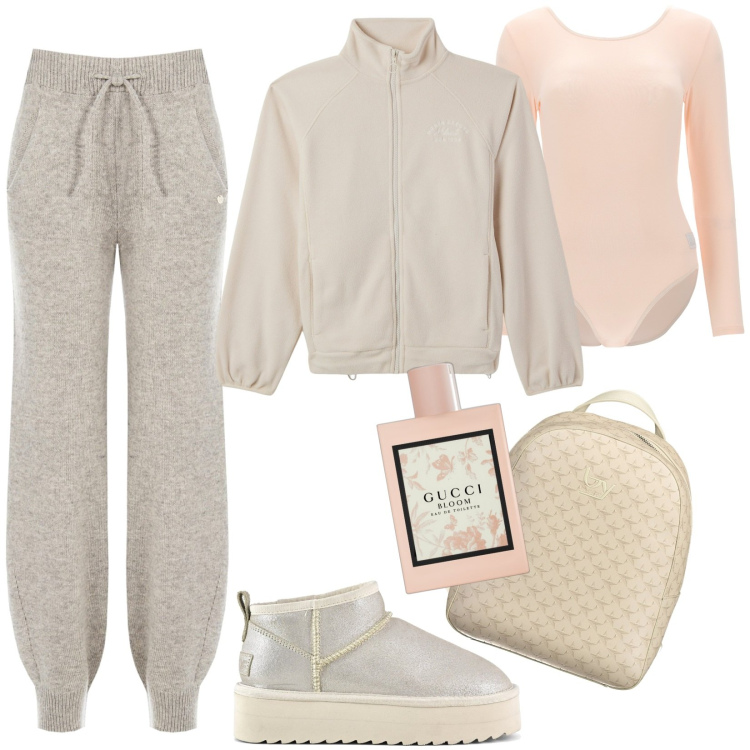 Outfit donna - Giornata nei centri commerciali. Stile Basic per Tutti i giorni. Abbinamento con profumi, felpe, pantaloni, body, stivaletti, zaini.