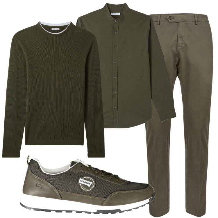 Outfit uomo - Verde oliva. Stile Casual per Tutti i giorni. Abbinamento con camicie, maglieria, pantaloni chino, sneakers.