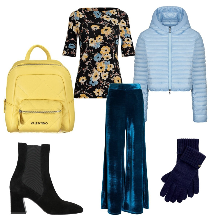 Outfit donna - Chic. Stile Casual chic per Tutti i giorni. Abbinamento con stivaletti chelsea, pantaloni a palazzo, piumini, maglieria, guanti, zaini.
