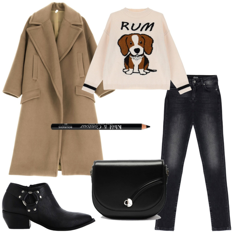 Outfit donna - Un cappotto per novembre. Stile Basic per Ufficio. Abbinamento con eyeliner, cappotti, pullovers, stivaletti, jeans, borse a tracolla.