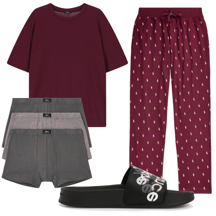 Outfit uomo - Comodo a casa. Stile Casual per Tutti i giorni. Abbinamento con boxer, sandali, t-shirt, pantaloni.