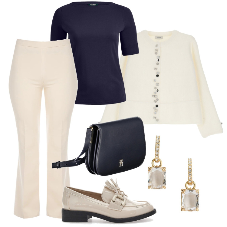 Outfit donna - Palazzo e mocassini per l’aperitivo. Stile Casual chic per Tutti i giorni. Abbinamento con pantaloni a palazzo, cardigans, top, orecchini, borse a tracolla, mocassini.