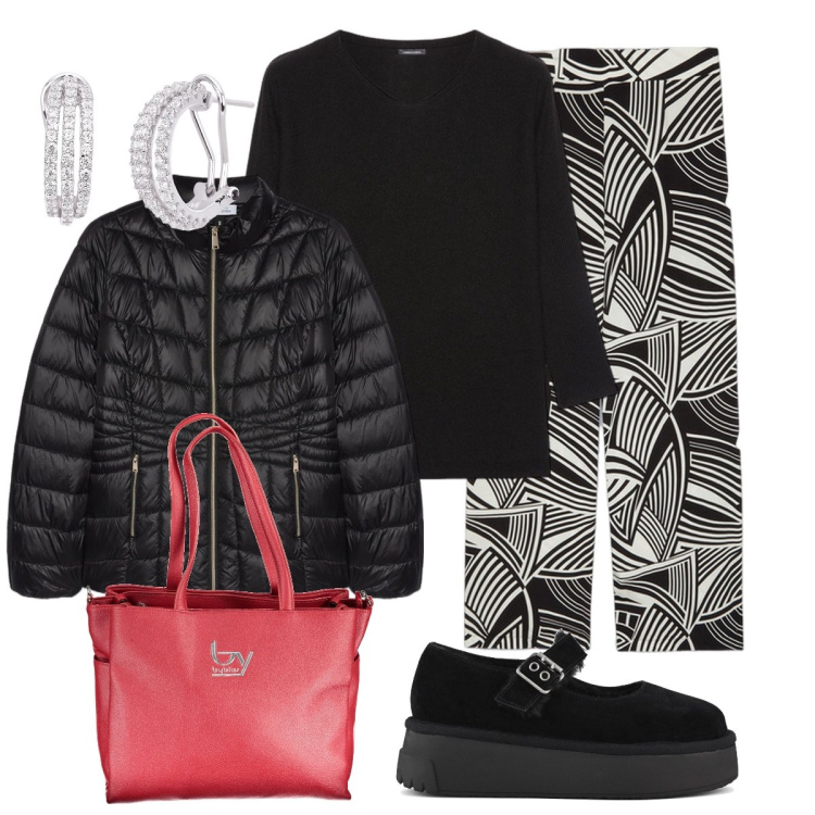 Outfit donna - Nero sempre elegante. Stile Casual chic per Tutti i giorni. Abbinamento con orecchini, décolleté, piumini, maglieria, pantaloni a palazzo, borse a spalla.