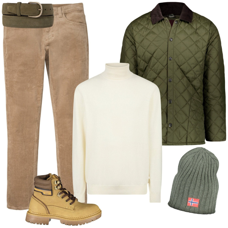 Outfit uomo - Maestrale di novembre. Stile Urban per Tutti i giorni. Abbinamento con pantaloni, stivali, cappotti, cinture, berretti, maglieria.