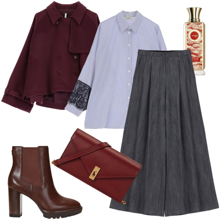 Outfit donna - Il pantapalazzo. Stile Trendy per Ufficio. Abbinamento con profumi, caban, pantaloni a palazzo, camicie, clutch, stivaletti chelsea.