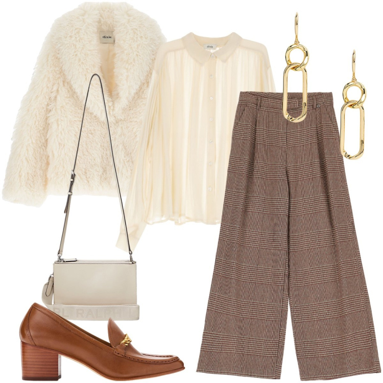 Outfit donna - Il pantalone a palazzo a quadri. Stile Bon Ton per Ufficio. Abbinamento con pantaloni a palazzo, camicie, blazer, borse a tracolla, décolleté, orecchini.