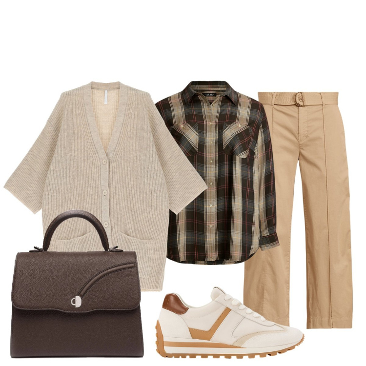 Outfit donna - In città. Stile Sporty chic per Tutti i giorni. Abbinamento con cardigans, sneakers, camicie, pantaloni, borse a mano.
