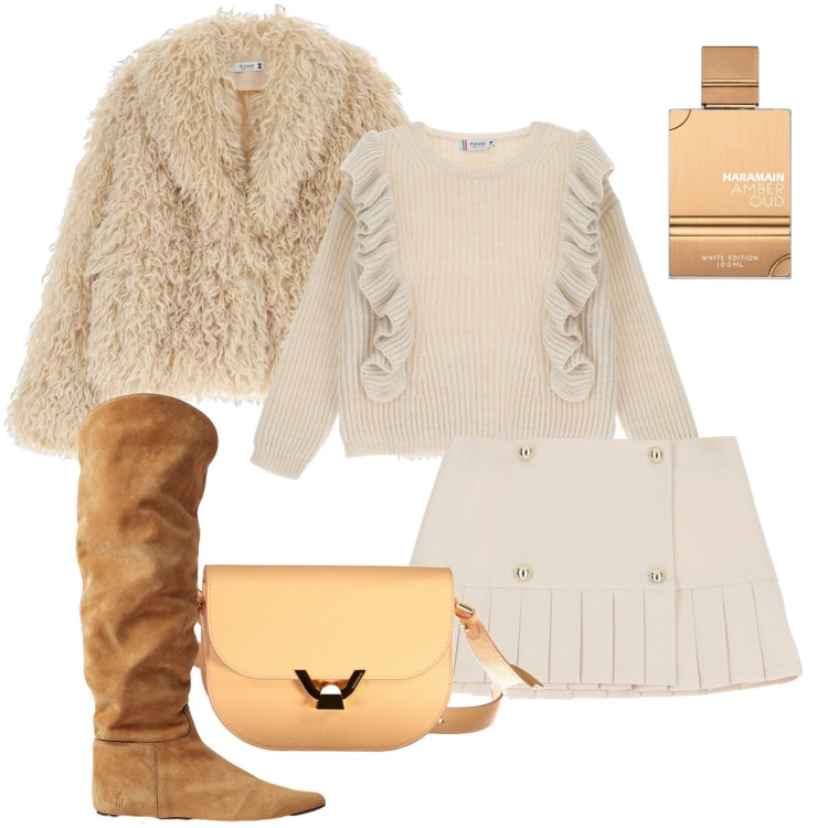 Outfit donna - Toni neutri. Stile Preppy per Tutti i giorni. Abbinamento con profumi, blazer, pullovers, minigonne, stivali sopra il ginocchio, borse a tracolla.