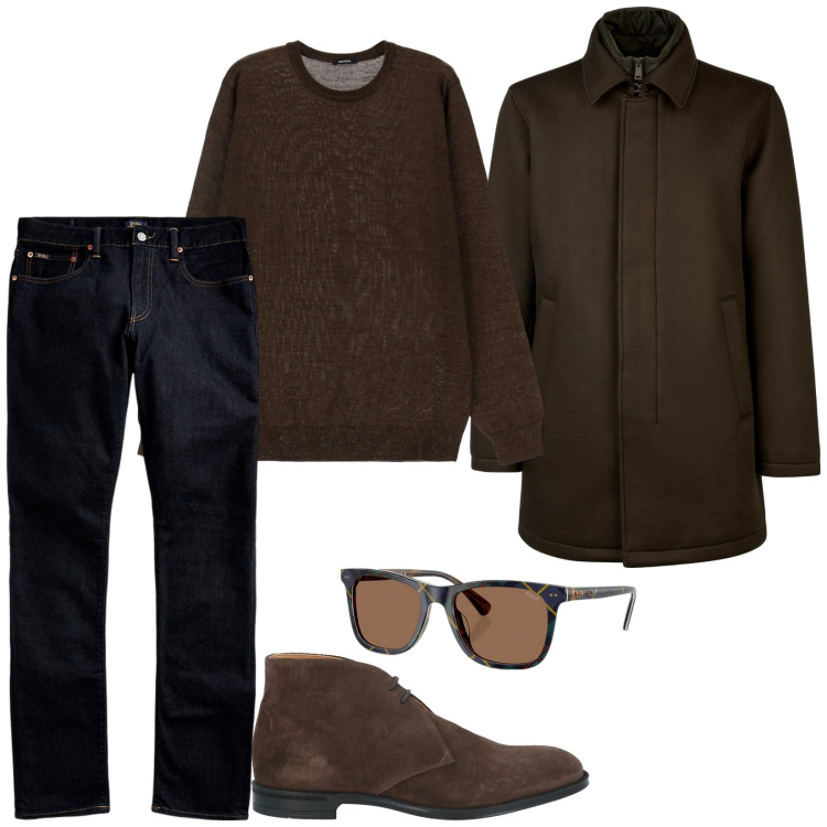 Outfit uomo - Chocolate. Stile Casual per Tutti i giorni. Abbinamento con stivali e stivaletti, maglieria, jeans, occhiali da sole, cappotti.