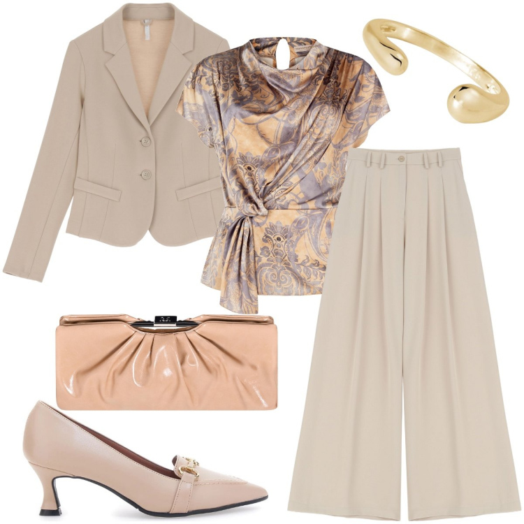 Outfit donna - Eleganza neutra. Stile Romantica per Cerimonia. Abbinamento con anelli, bluse, pochette, pantaloni, blazer, décolleté.