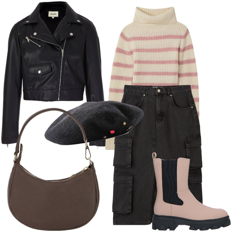 Outfit donna - Con il basco. Stile Casual chic per Scuola/Università. Abbinamento con cappelli e berretti, stivaletti, gonne longuette, maglieria, blazer, borse a spalla.